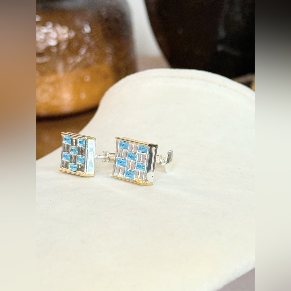 Givenchy Clip On Earrings Blue Crystal Checkerboard Signed Vintage Designer - Picture 8 of 10